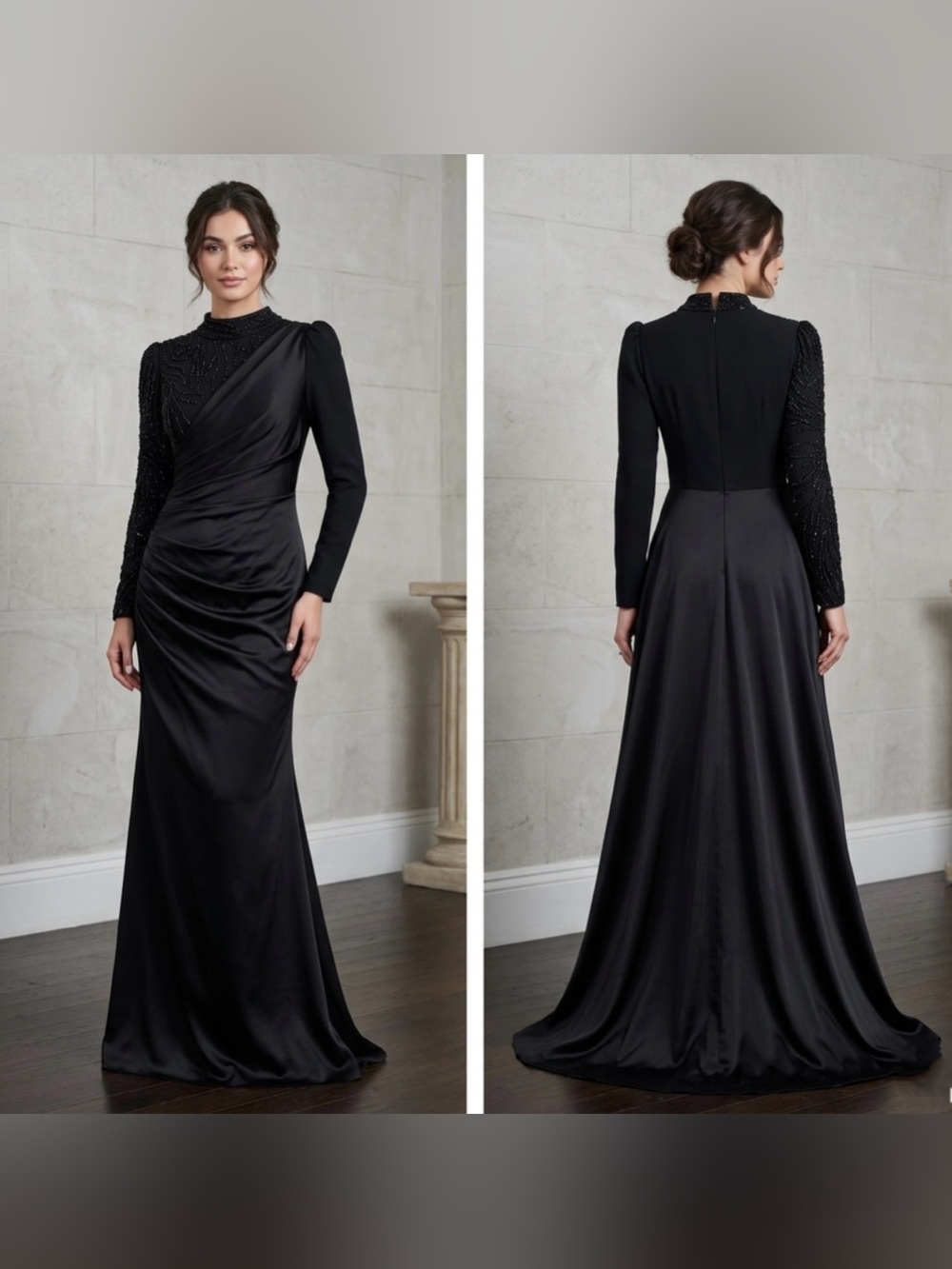 Hennin Women’s 40 / Medium Black Beaded Satin Turkish Gown Dress
